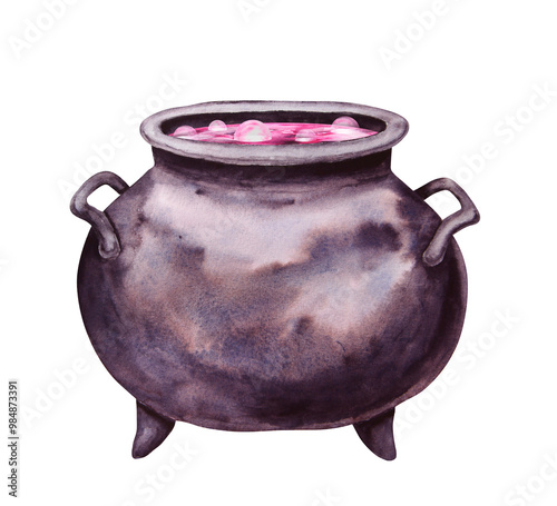 Black cast iron cauldron with pink potion. Esoteric attribute of a witch, sorcerer, gypsy, fortune teller, psychic. Clipart for Halloween, Sabbath, theme party. Watercolor hand-drawn illustration