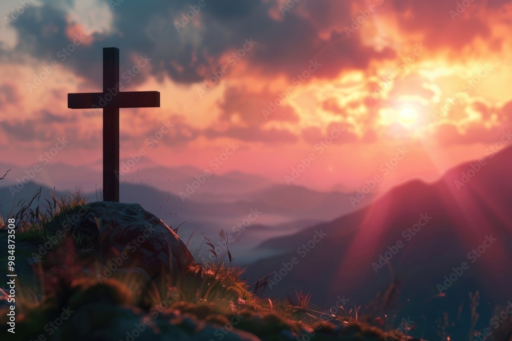 Obraz premium Good Friday concept Silhouette cross on mountain sunset background