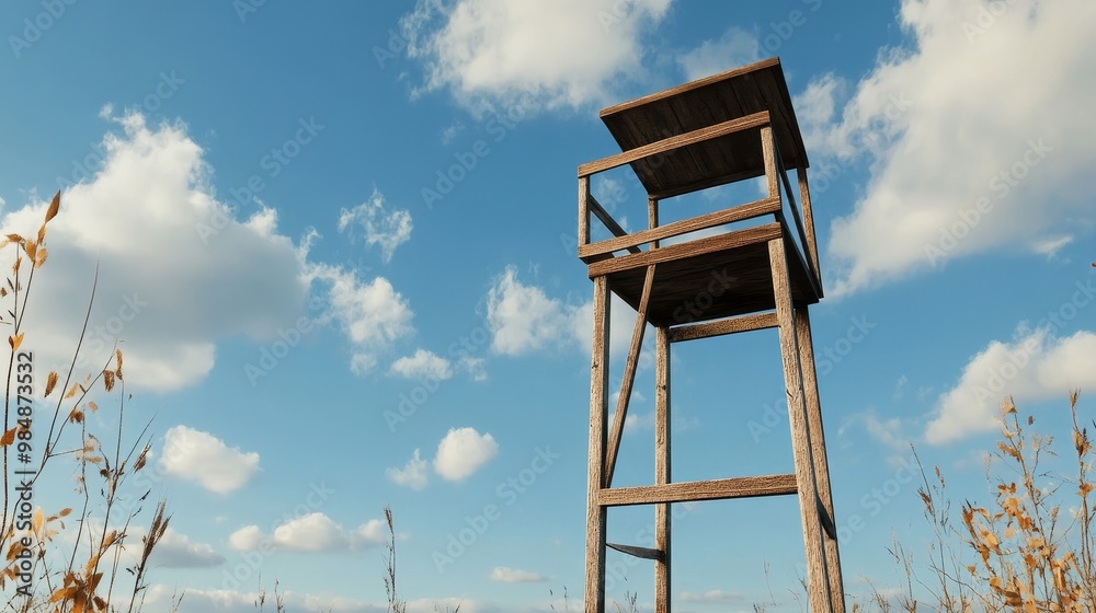 A rustic wooden lookout tower with an upper balcony, providing panoramic views of the surrounding landscape. The tower stands tall against a backdrop of a blue sky and fluffy clouds. A rustic wooden lookout tower with an upper balcony, providing panoramic views of the surrounding landscape. The tower stands tall against a backdrop of a blue sky and fluffy clouds.