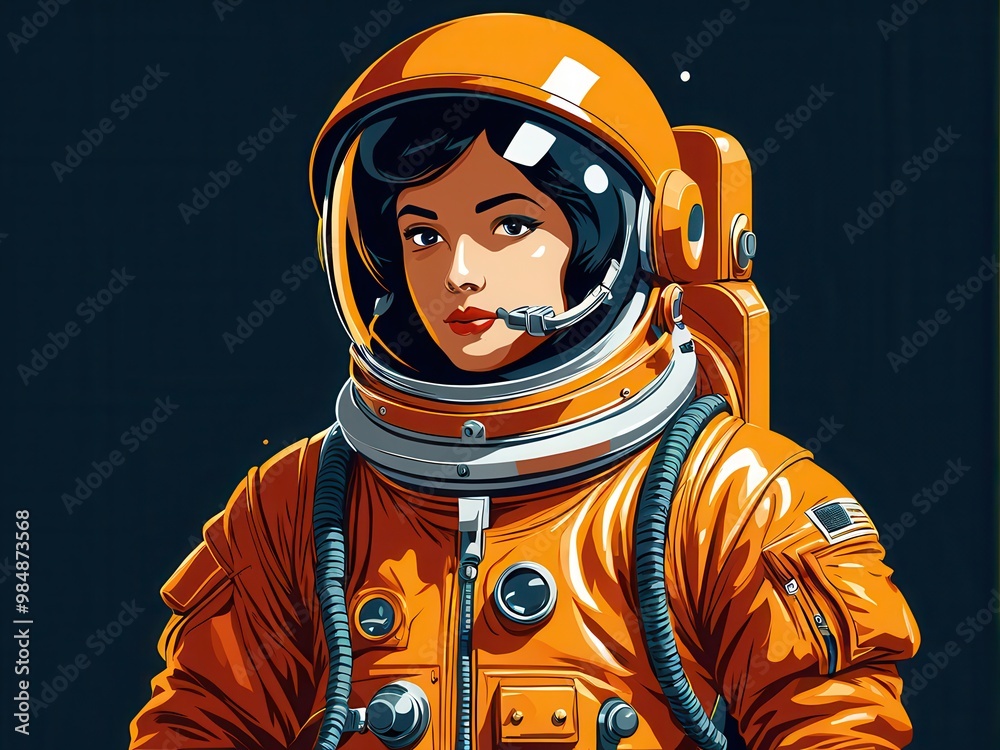 A retro-style illustration of a female astronaut in an orange spacesuit, showcasing space exploration themes. A retro-style illustration of a female astronaut in an orange spacesuit, showcasing space exploration themes.