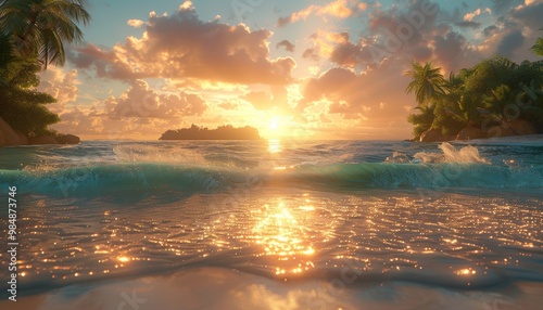 Tropical beach sunset with palm trees and calm ocean