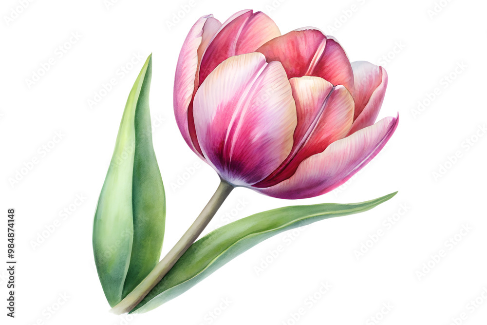 Vibrant watercolor painting of pink tulip with green leaves