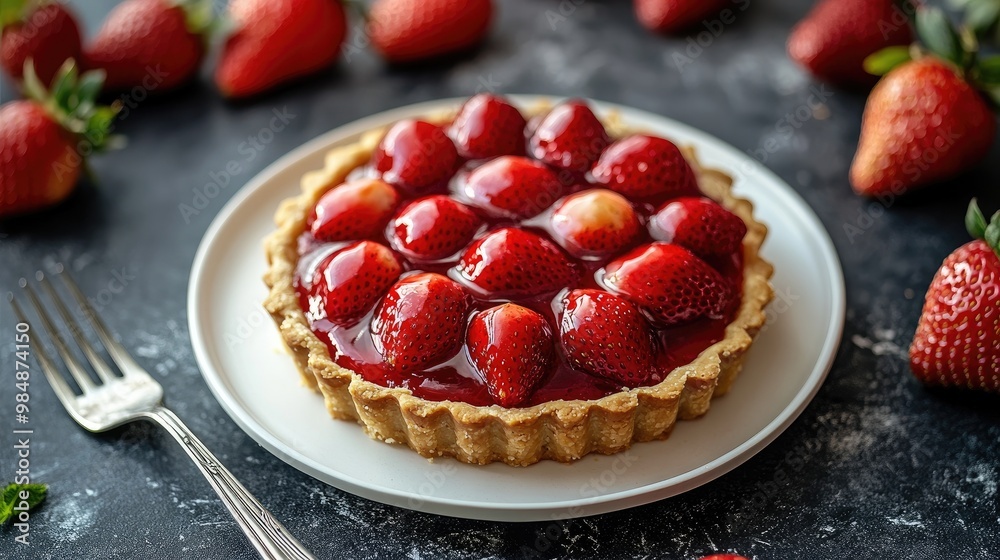 A strawberry tart with a golden crust and glossy strawberry topping, presented on a white plate with a fork and fresh strawberries around it.