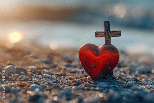 Christian cross on red heart with beach background symbolizes faith. photo