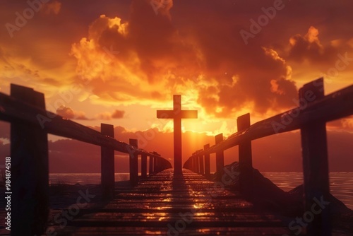 silhouette christian cross at railhead wooden bridge and orange sky with lighting religion concept photo