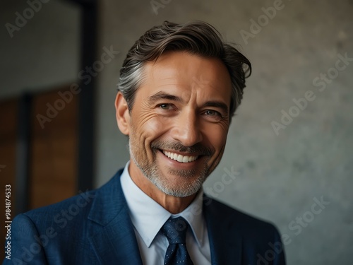 Smiling mature man in a blue suit.