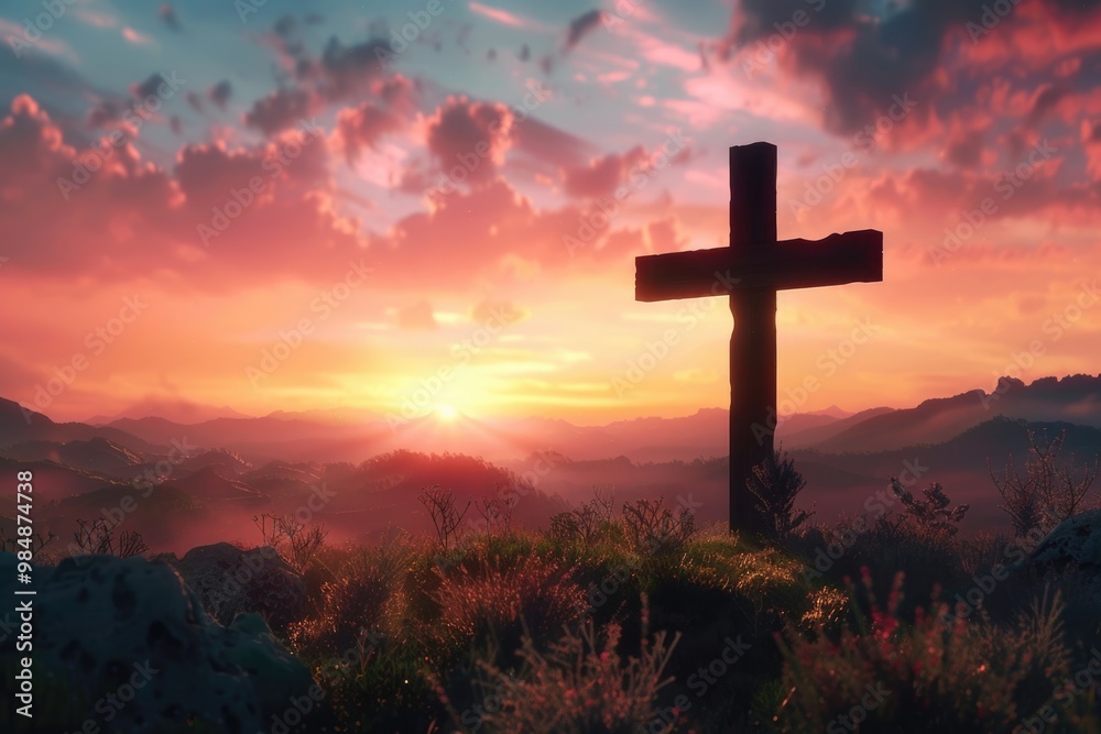 Obraz premium Easter concept Cross silhouette on Calvary mountain at sunset.
