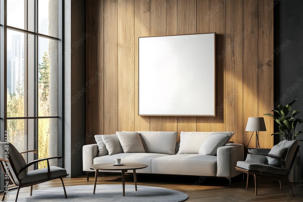 Modern living room interior with wooden wall, large blank canvas, grey sofa and armchair, and coffee table. Modern living room interior with wooden wall, large blank canvas, grey sofa and armchair, and coffee table.