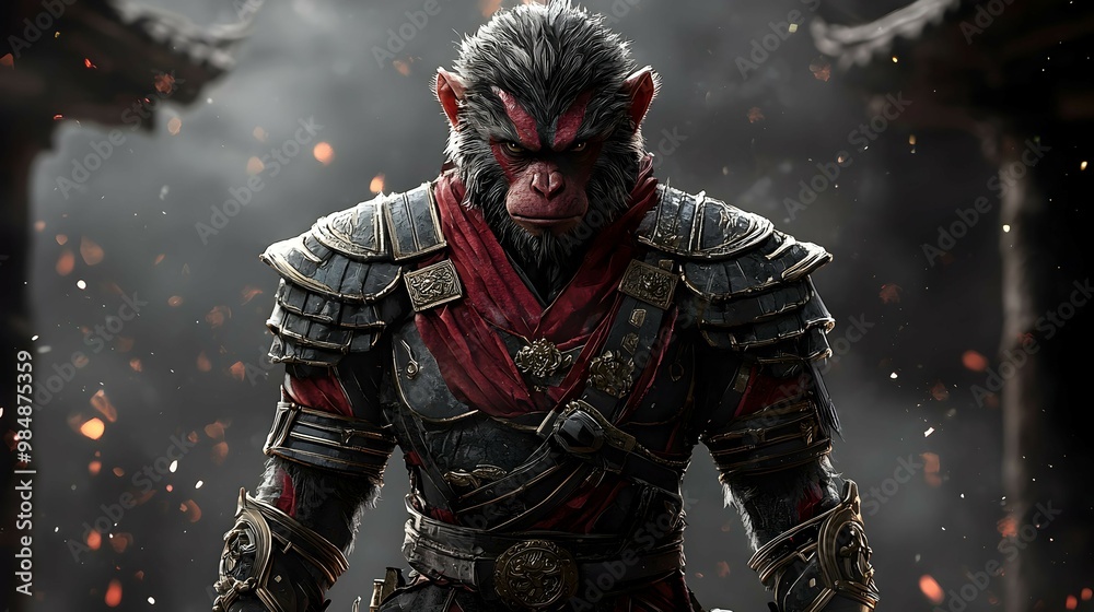 Fototapeta premium Warrior Monkey in Armor Ancient Chinese Mythology Fantasy