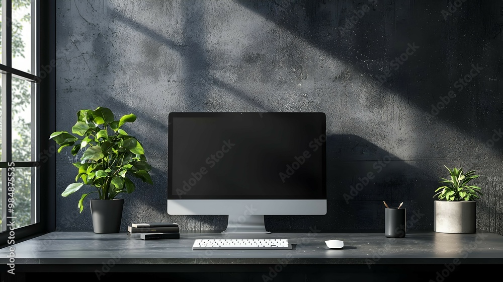 Fototapeta premium Modern Home Office Desk with Computer Plants and Window