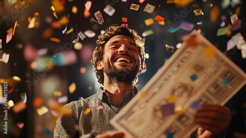 Lucky lottery winner celebrating with confetti and giant check photo