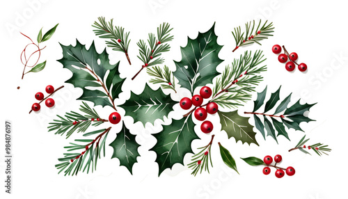 Obraz na płótnie red berries spruce holly floral arrangement watercolor christmas leaves christmas evergreen greeting decor decoration greenery floral holiday festive traditional illustration artwork design tradition w salonie