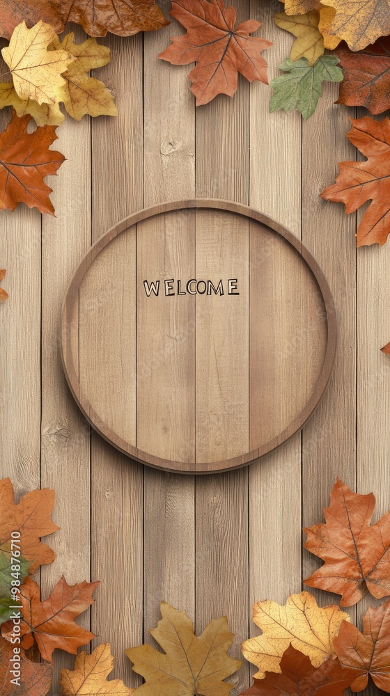 A charming wooden sign with the word WELCOME is surrounded by colorful autumn leaves, pine cones, and cozy props, creating a warm and inviting atmosphere perfect for fall A charming wooden sign with the word WELCOME is surrounded by colorful autumn leaves, pine cones, and cozy props, creating a warm and inviting atmosphere perfect for fall