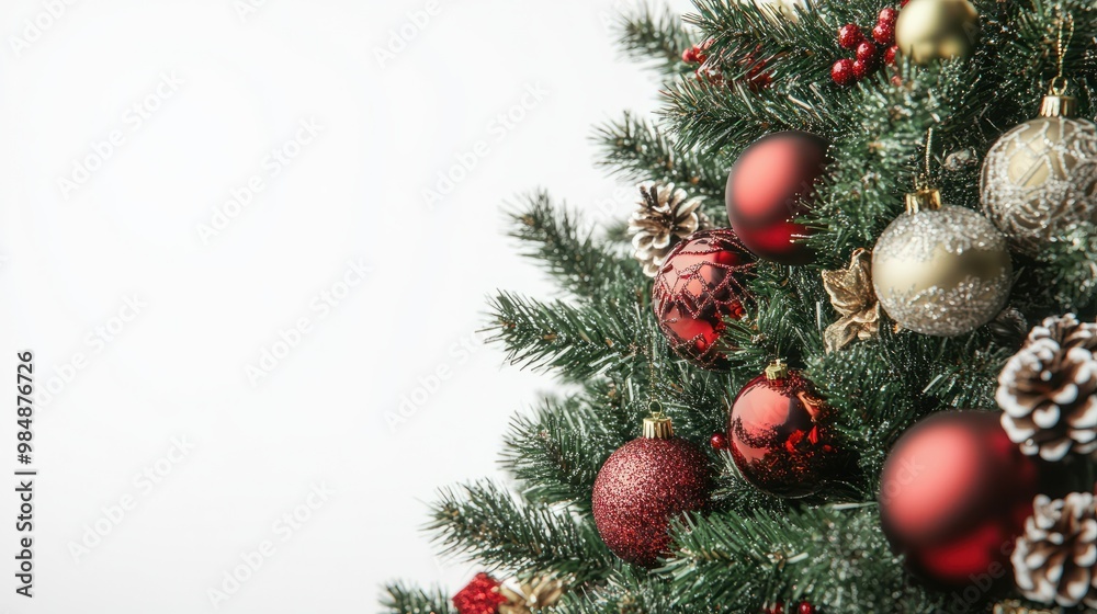 Close-up of Christmas tree and decorations on white background Close-up of Christmas tree and decorations on white background