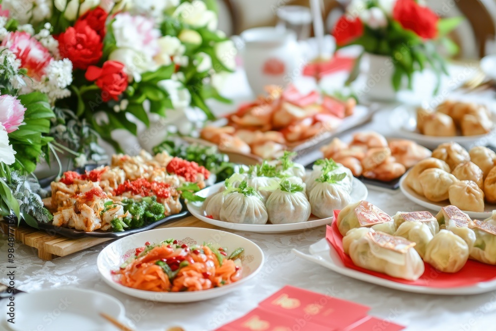 A Table Setting for a Chinese Celebration with Dumplings, Seafood, and Flowers A Table Setting for a Chinese Celebration with Dumplings, Seafood, and Flowers