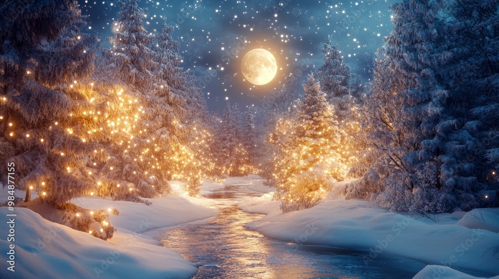 A snowy winter wonderland with glittering snow-covered trees, twinkling holiday lights, and a frozen river reflecting the moonlight.