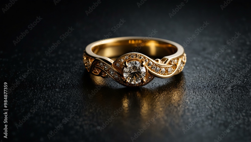 Sparkling gold ring on a dark surface. Sparkling gold ring on a dark surface.