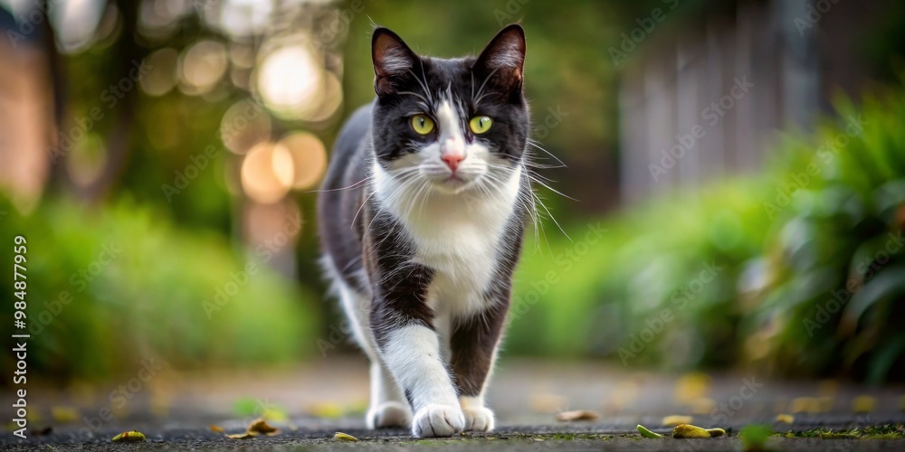 Obraz premium A Black and White Cat with Green Eyes Walking on a Path, Pet Photography, Cat Portrait, Animal Photo, Cat , Pet , Animal