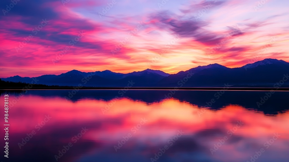 A stunning sunset over a mountain range, its vibrant pink hues mirrored in the tranquil water below. The scene evokes peace, serenity, and the beauty of nature. A stunning sunset over a mountain range, its vibrant pink hues mirrored in the tranquil water below. The scene evokes peace, serenity, and the beauty of nature.