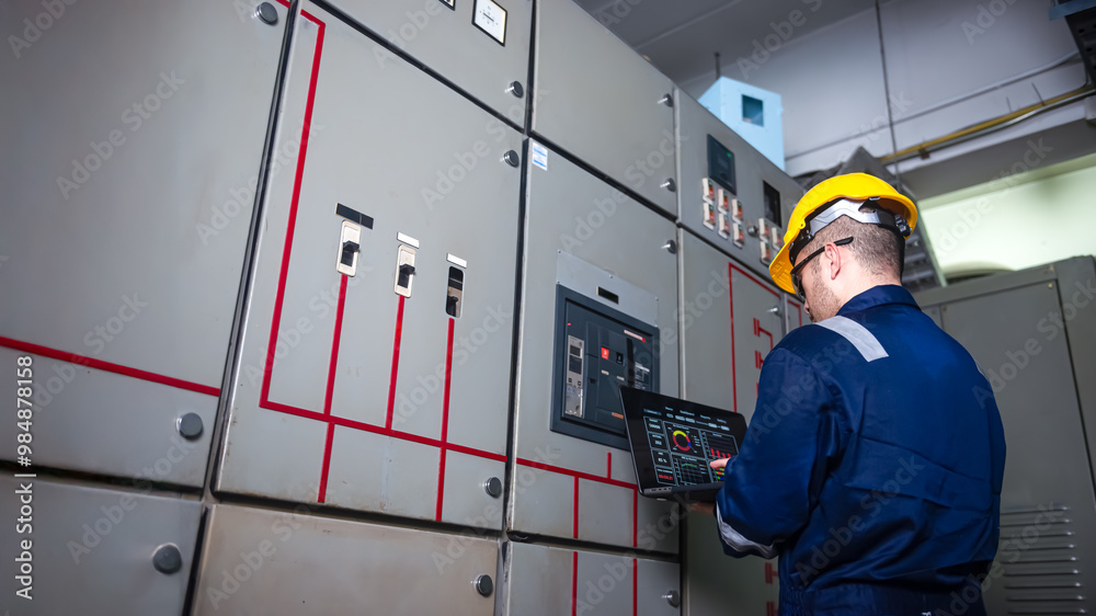 Electrical engineer check the operation of the main electrical control panels and switches, record values on tablets, electrician inspect the electrical systems in the factory. Electrical engineer check the operation of the main electrical control panels and switches, record values on tablets, electrician inspect the electrical systems in the factory.