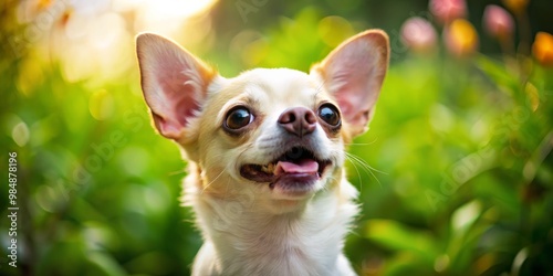 A Close-Up Portrait of a Curious Chihuahua with a Blurred Green Background, chihuahua, portrait, pet, dog, canine