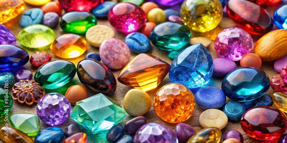 A Kaleidoscope of Gemstones on a Wooden Surface, Gemstones, Jewels, Precious Stones A Kaleidoscope of Gemstones on a Wooden Surface, Gemstones, Jewels, Precious Stones