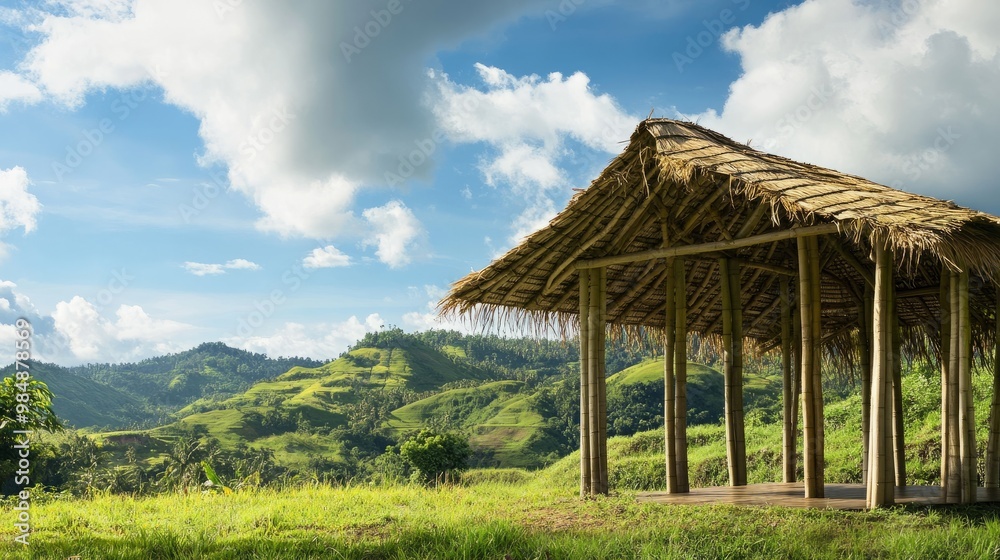 A high-definition image of a traditional bamboo pavilion in a rural landscape, with the natural patterns and structure of the bamboo clearly visible against the backdrop of green hills. A high-definition image of a traditional bamboo pavilion in a rural landscape, with the natural patterns and structure of the bamboo clearly visible against the backdrop of green hills.