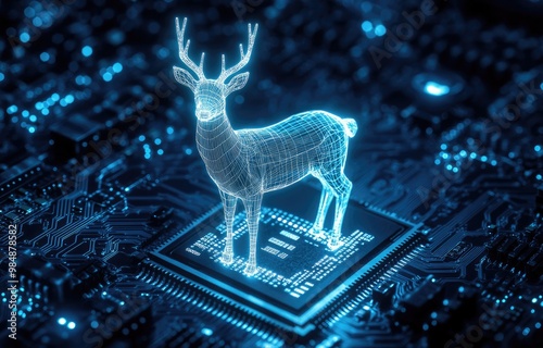 A digital deer stands on a glowing blue computer chip, symbolizing the intersection of nature and technology. photo