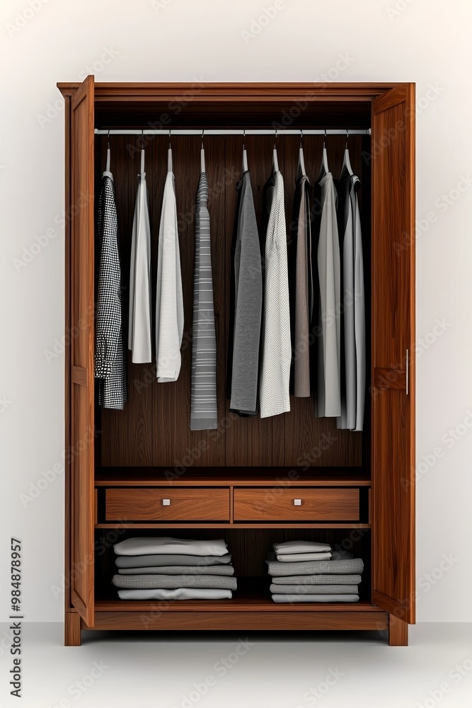 Elegant Wooden Wardrobe Interior Organization with Stylish Garments in Neutral Setting - Minimalist Home Design Concept Elegant Wooden Wardrobe Interior Organization with Stylish Garments in Neutral Setting - Minimalist Home Design Concept