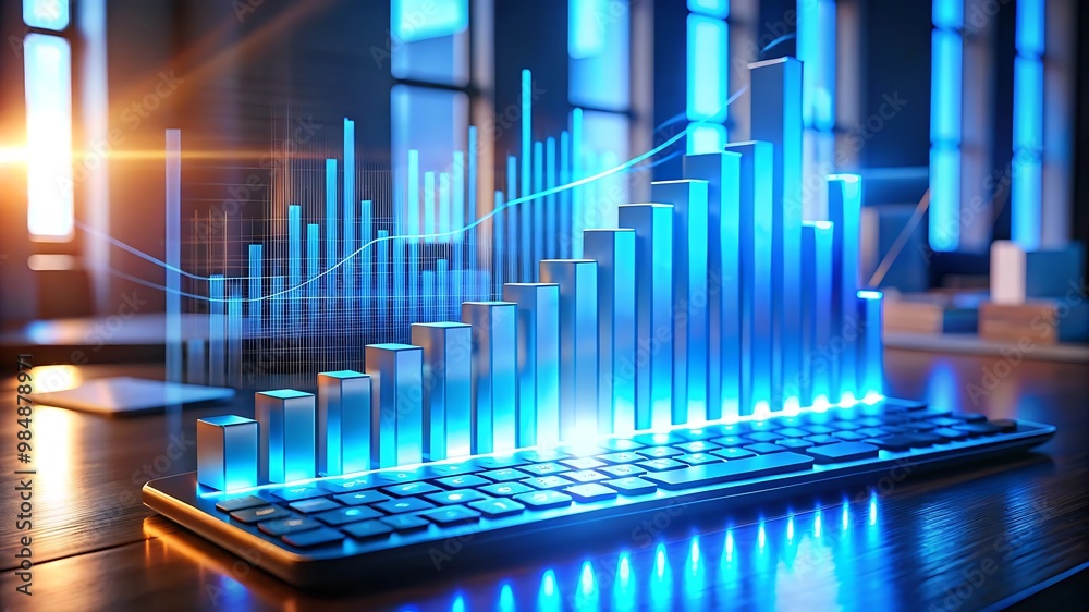 A futuristic close-up of a glowing blue bar graph projection over a keyboard, displaying yearly data in a cinematic, high-tech scene. A futuristic close-up of a glowing blue bar graph projection over a keyboard, displaying yearly data in a cinematic, high-tech scene.