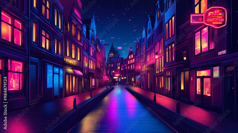 Obraz premium Red light district in amsterdam. Neon District. Illustration