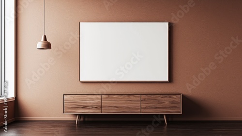 Elegant Minimalist Interior Design Symmetrical Composition with Large Blank Frame, Wooden Cabinet and Pendant Light, Warm Tones, Serene Atmosphere Ideal for Mockups and Inspirational Designs