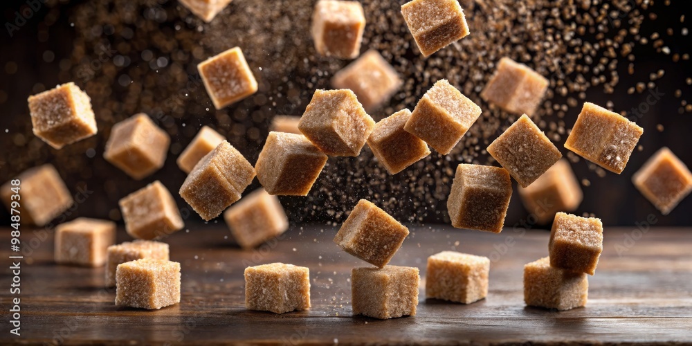Brown Sugar Cubes Falling on a Wooden Table, Sweet, Sugar, Food, Dessert Brown Sugar Cubes Falling on a Wooden Table, Sweet, Sugar, Food, Dessert