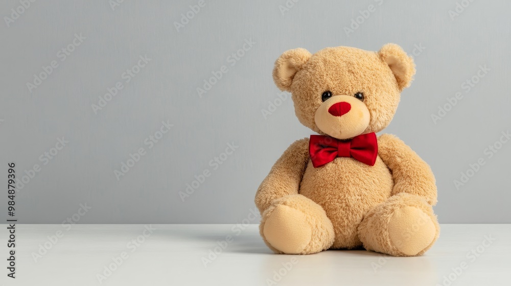 Obraz premium A cute brown teddy bear wearing a red bow tie, symbolizing love, friendship, childhood, and happiness. Perfect for Valentine's Day, birthdays, or any special occasion.