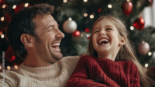 Happy dad and daughter laughing christmas day. Generative AI photo