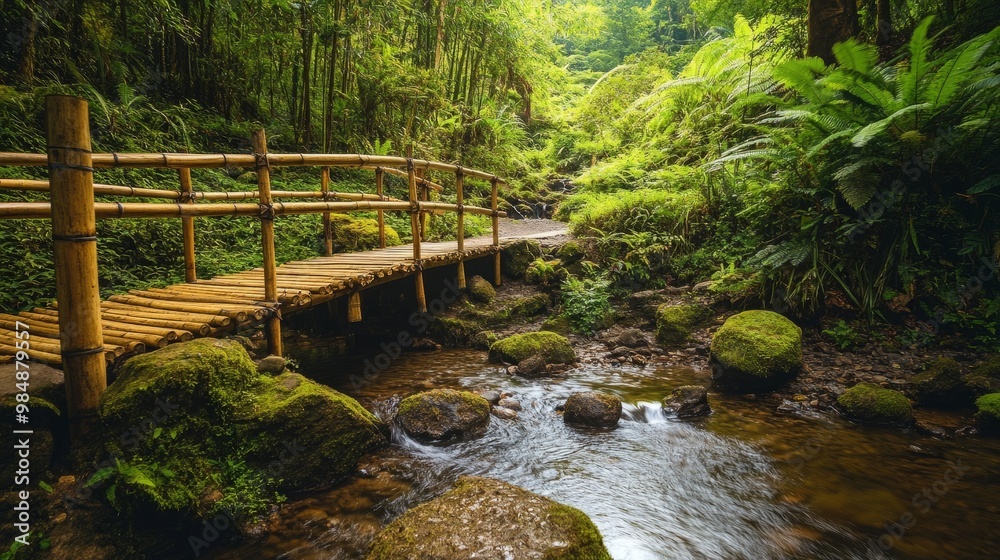 A high-definition shot of a bamboo bridge crossing a quiet stream, with the surrounding lush greenery creating a peaceful and idyllic landscape. A high-definition shot of a bamboo bridge crossing a quiet stream, with the surrounding lush greenery creating a peaceful and idyllic landscape.