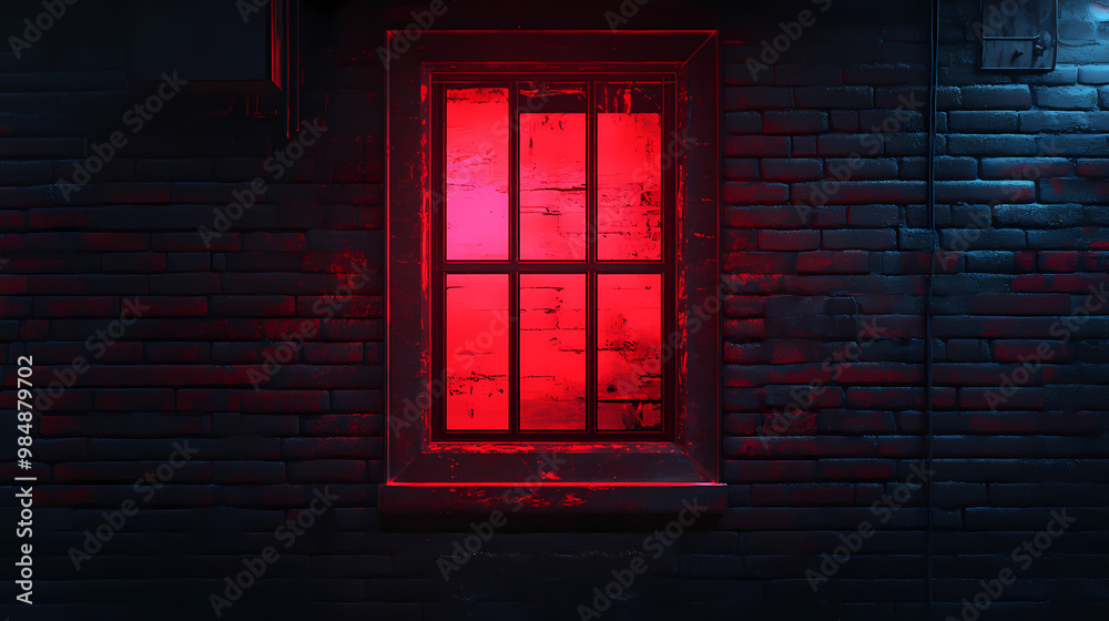 Fototapeta premium Red light from the window. the red window shines mystically at night. mysterious red window. generative ai. Neon District. Illustration