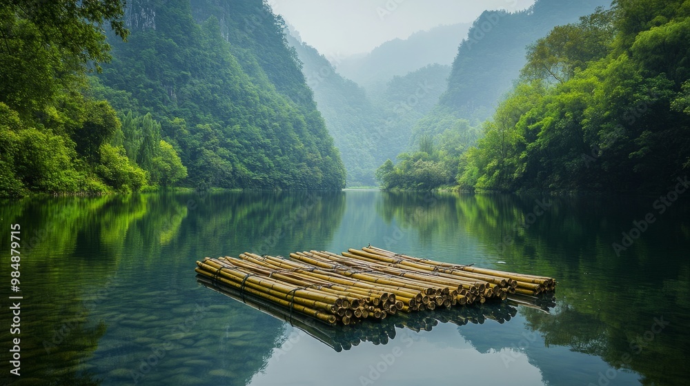 Naklejka premium A high-definition shot of bamboo rafts floating on a serene river, with the natural landscape reflected in the water, creating a tranquil and picturesque scene.
