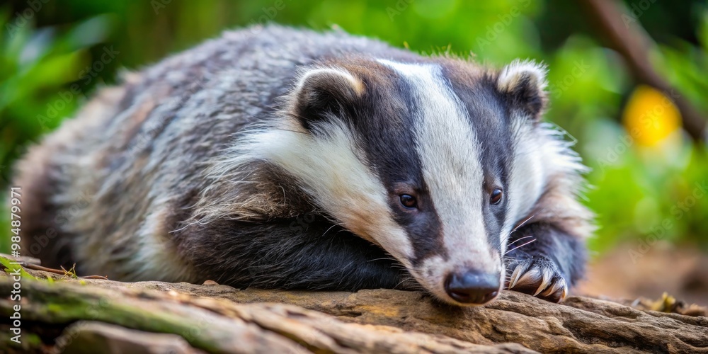 Fototapeta premium Close-Up Portrait of a European Badger Resting on a Log, Natural Light, Wildlife Photography, Badger, Mammal, Nocturnal