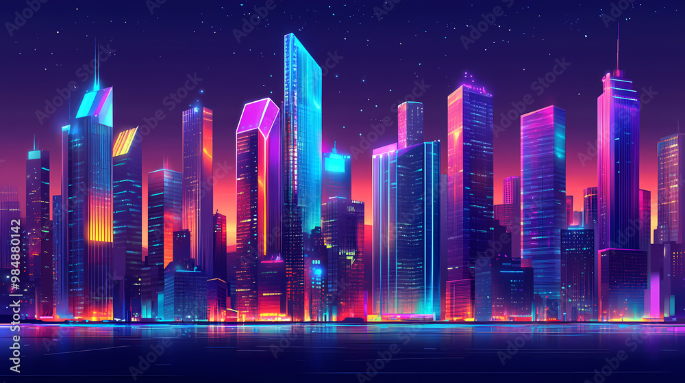 Fototapeta premium Revel in the cityscape of towering neon glass skyscrapers. Neon District. Illustration