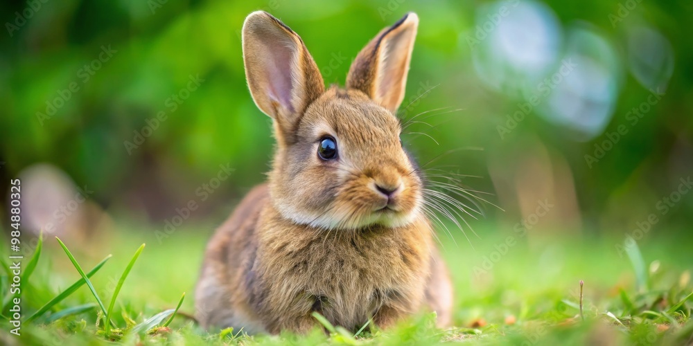 Fototapeta premium Cute Bunny in a Lush Green Meadow, Brown Fur, Green Grass, Closeup, Springtime, Rabbit, Meadow
