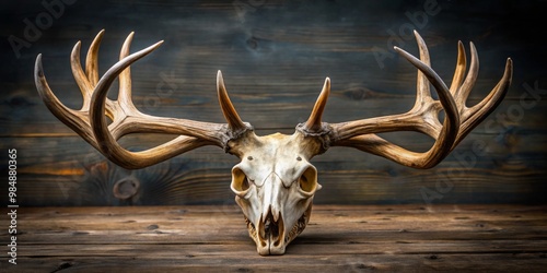 Deer Skull with Antlers on Wooden Background, Skull, Antlers, Wildlife photo