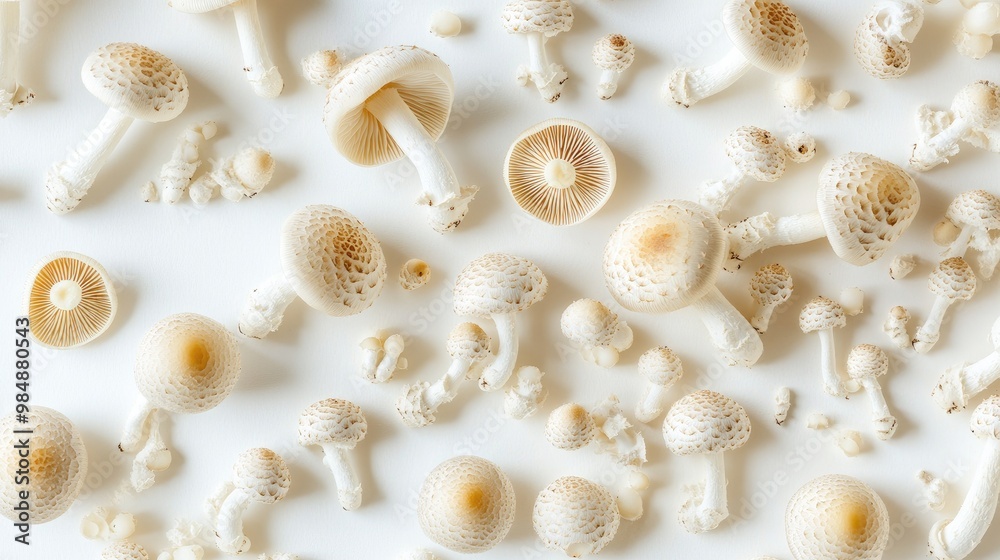 A top-down view of Shimeji mushrooms scattered on a white surface, highlighting their unique form and texture, with a focus on their intricate details. A top-down view of Shimeji mushrooms scattered on a white surface, highlighting their unique form and texture, with a focus on their intricate details.