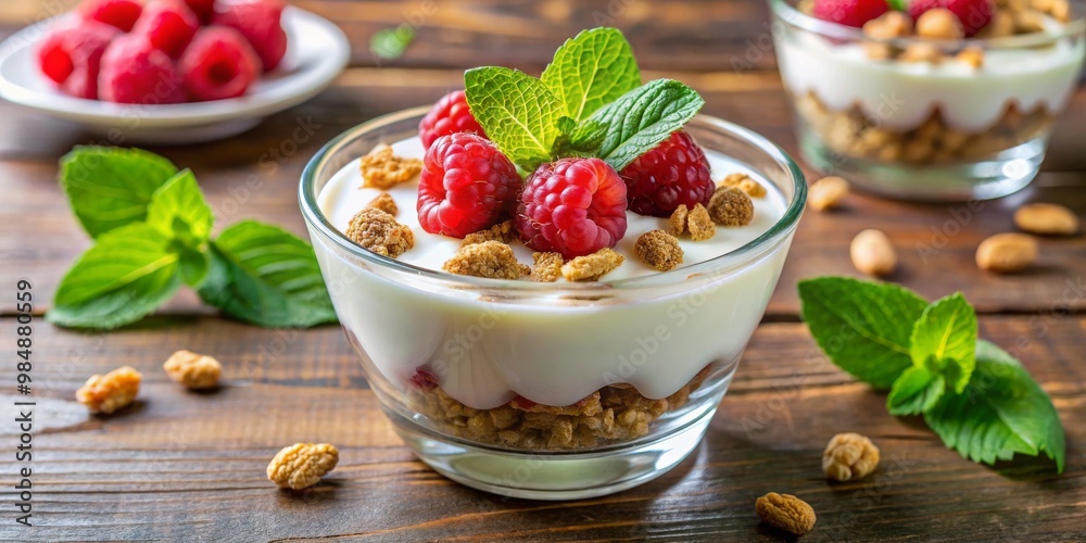 Delicious Raspberry and Granola Yogurt Parfait, Fresh Mint Garnish, Wooden Background, Yogurt, Parfait, Dessert Delicious Raspberry and Granola Yogurt Parfait, Fresh Mint Garnish, Wooden Background, Yogurt, Parfait, Dessert