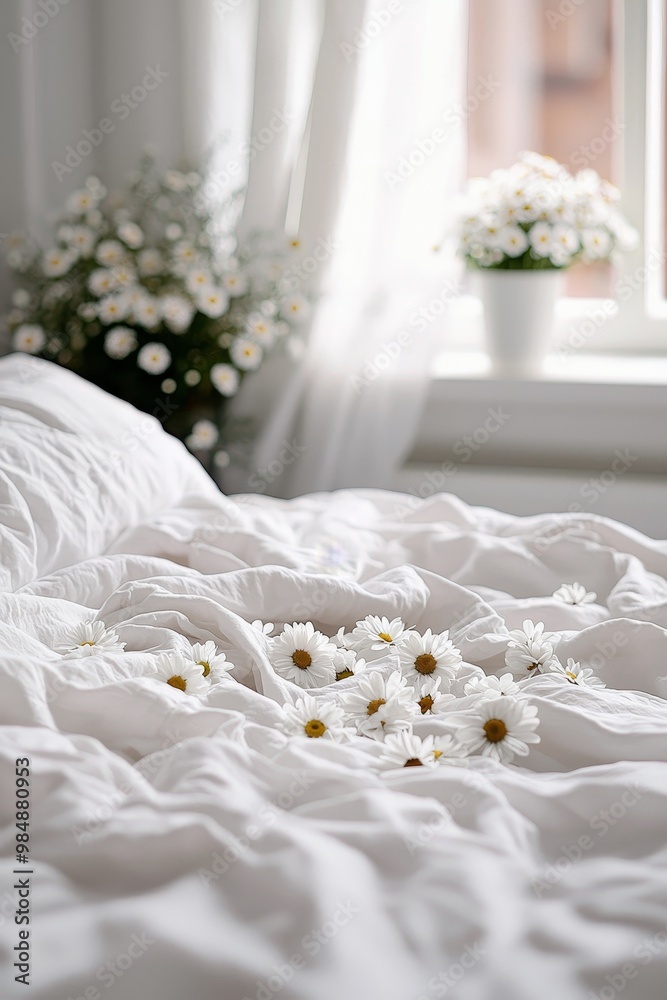 Serenity in Bloom Closeup of White Daisies on Crisp Linens, Minimalist Floral Decor for Tranquil Home, Soft Natural Light in Bedroom Serenity in Bloom Closeup of White Daisies on Crisp Linens, Minimalist Floral Decor for Tranquil Home, Soft Natural Light in Bedroom