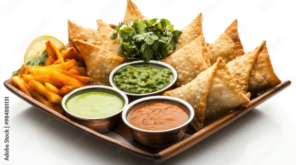 A traditional Indian platter with samosas, accompanied by various sauces and garnishes, presented against a clean white background to emphasize the vibrant colors. A traditional Indian platter with samosas, accompanied by various sauces and garnishes, presented against a clean white background to emphasize the vibrant colors.