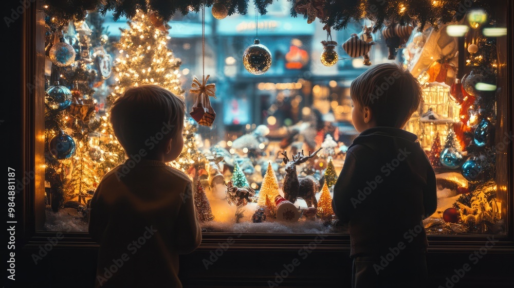 Photo of two children mesmerized by a festive Christmas window display Photo of two children mesmerized by a festive Christmas window display