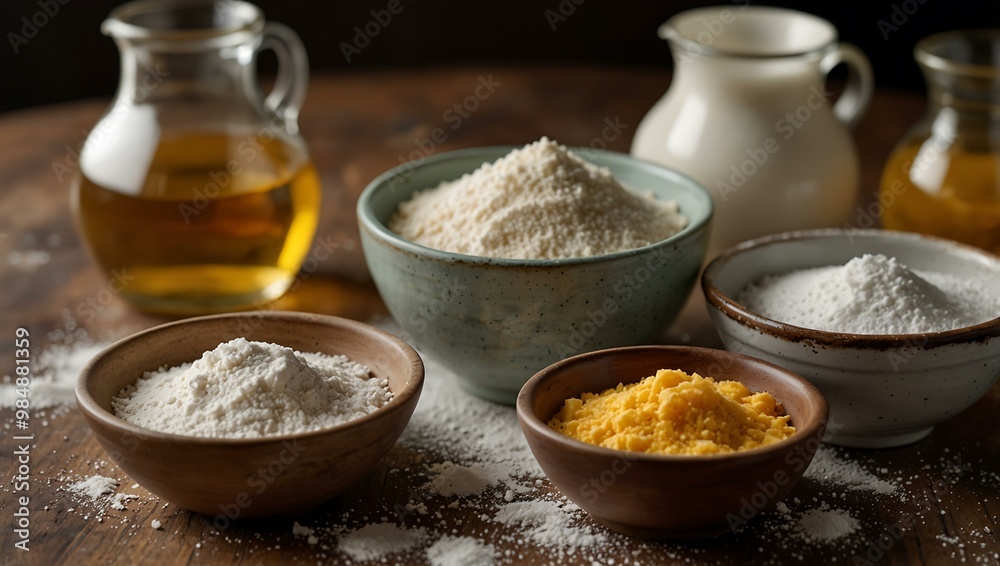 Table with bowls of flour, sugar, and oil. Table with bowls of flour, sugar, and oil.