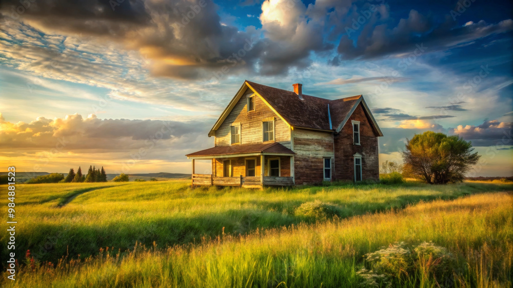 A serene house in lush green field under vibrant sky, showcasing beauty of nature and tranquility. warm sunlight enhances rustic charm of home A serene house in lush green field under vibrant sky, showcasing beauty of nature and tranquility. warm sunlight enhances rustic charm of home