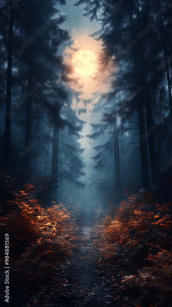 Autumn forest with glowing moon illuminating misty path tall trees and soft orange foliage serene mysterious atmosphere under night sky Autumn forest with glowing moon illuminating misty path tall trees and soft orange foliage serene mysterious atmosphere under night sky